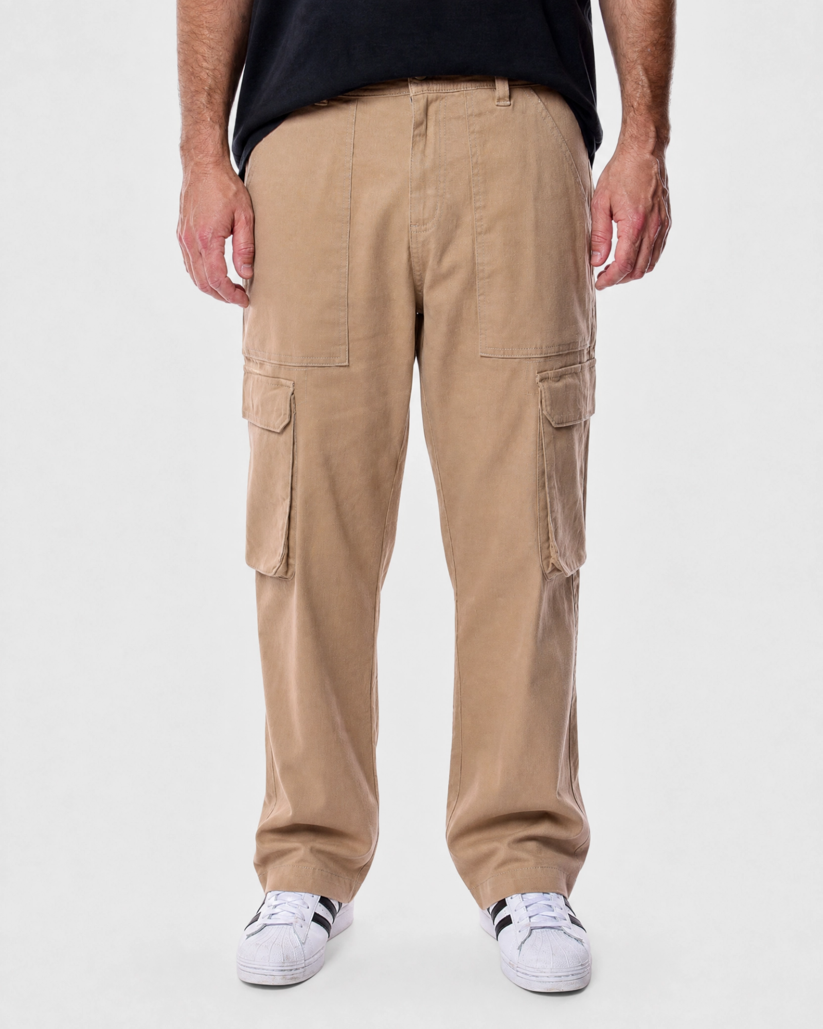Ledger khaki cargo pants front view featuring relaxed straight-leg fit and cargo pocket detailing
