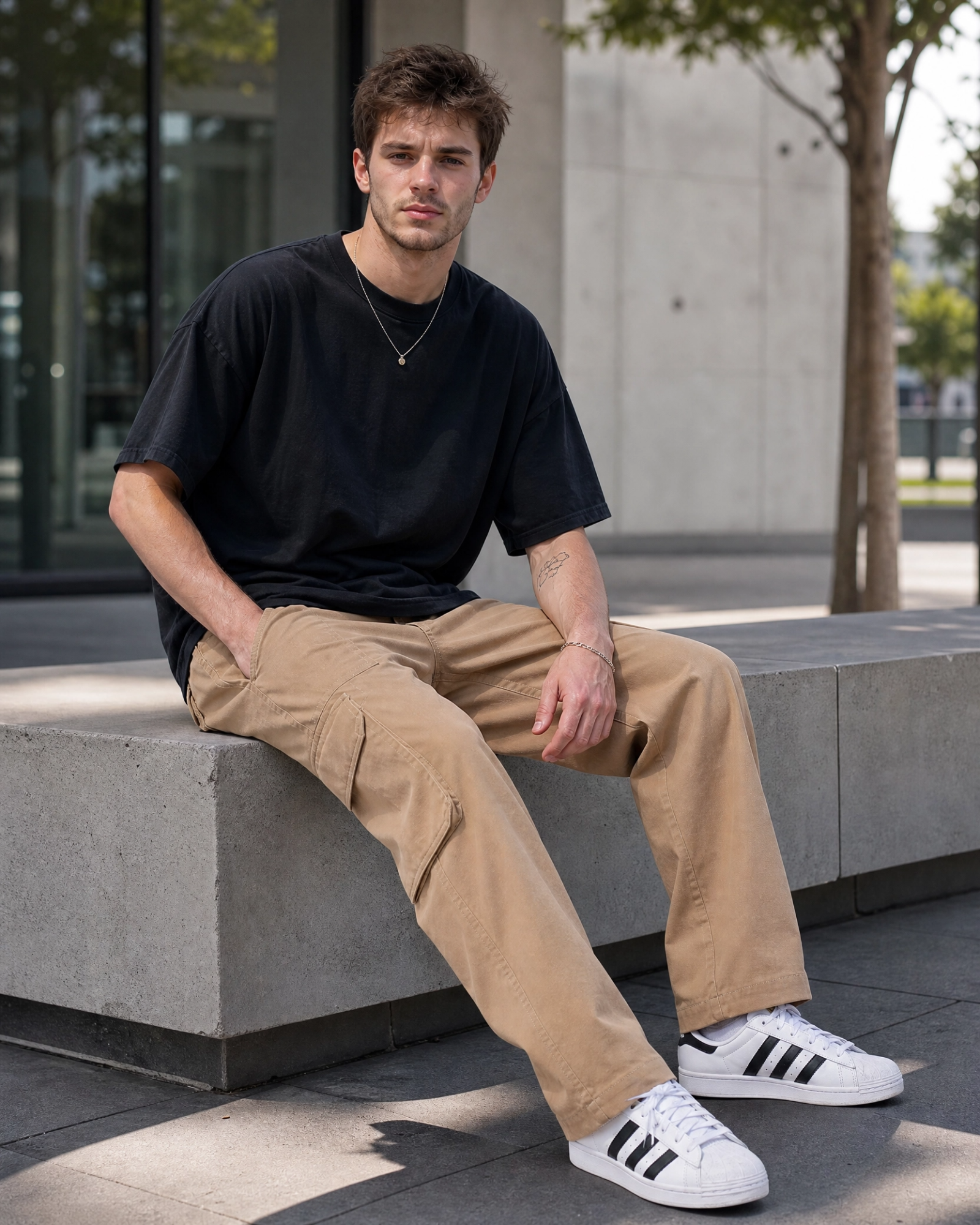 Model seated wearing Ledger khaki cargo pants highlighting relaxed fit and cargo pocket details