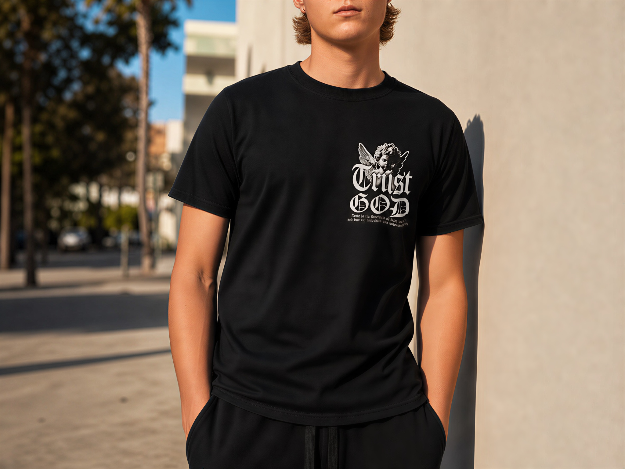 Black graphic t-shirt with Trust God print styled with joggers in an urban street setting