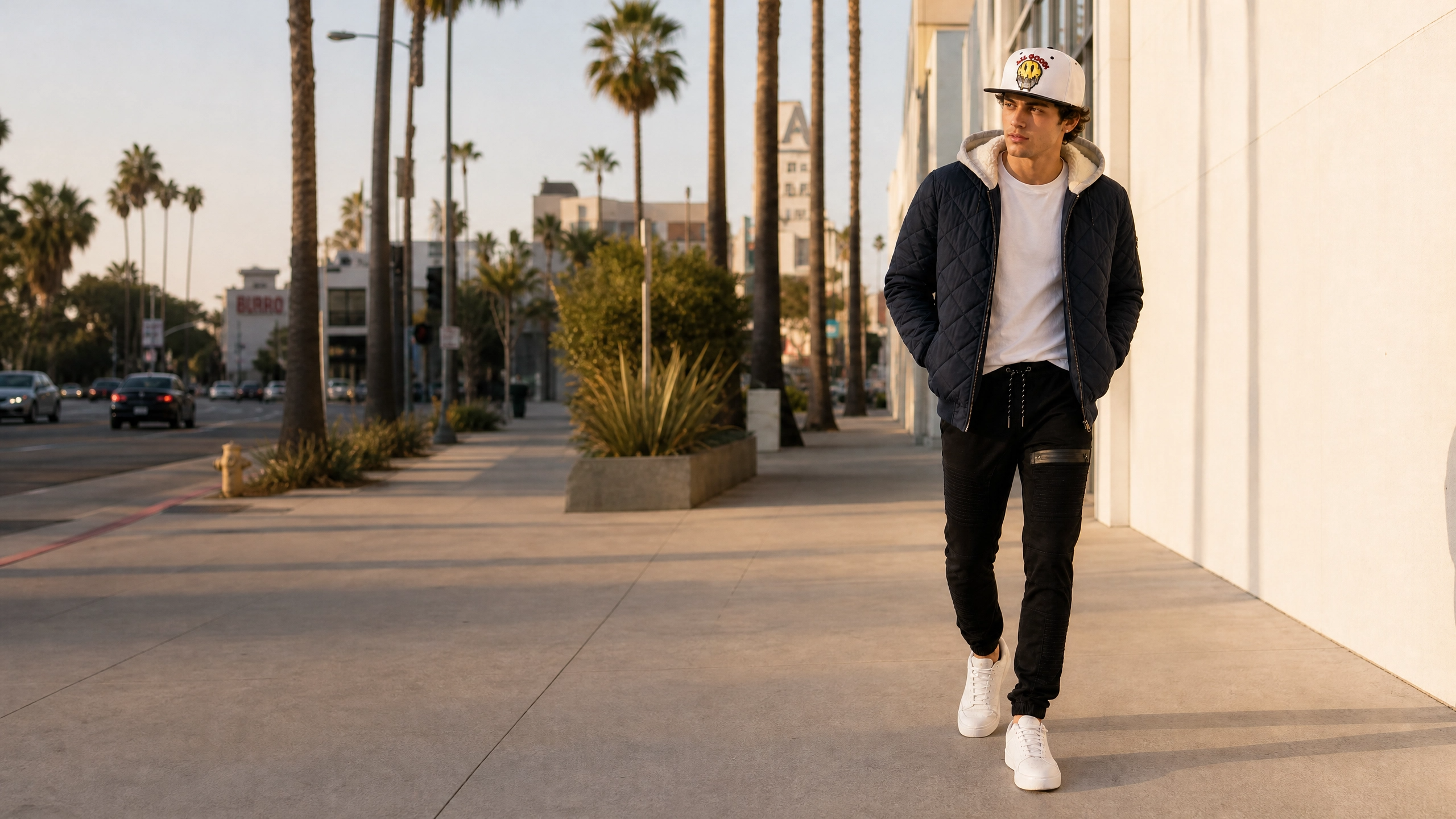 Black joggers styled with open bomber jacket, white t-shirt, snapback cap, and white sneakers in an urban street setting