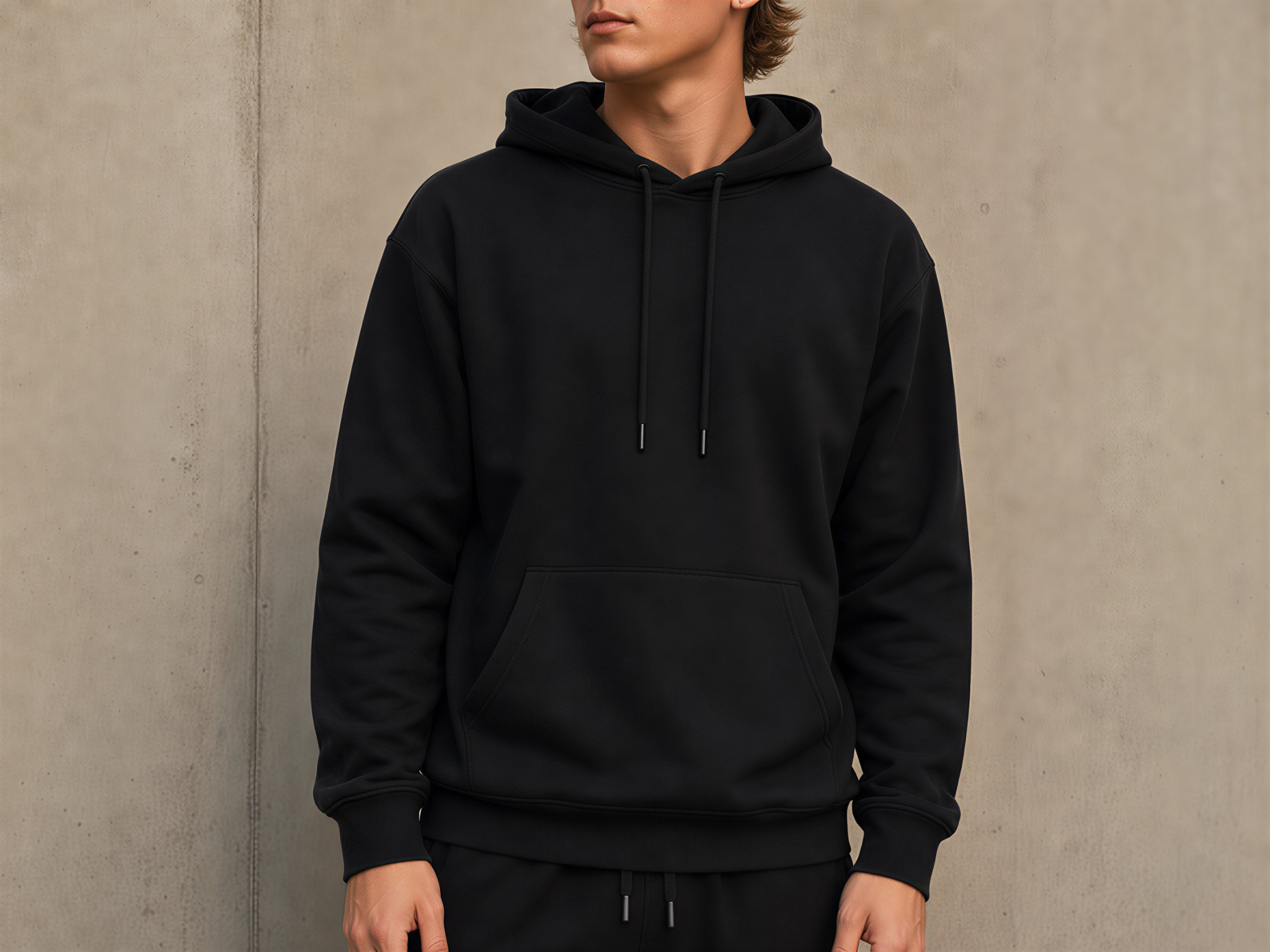Black pullover hoodie styled with joggers in an urban street setting