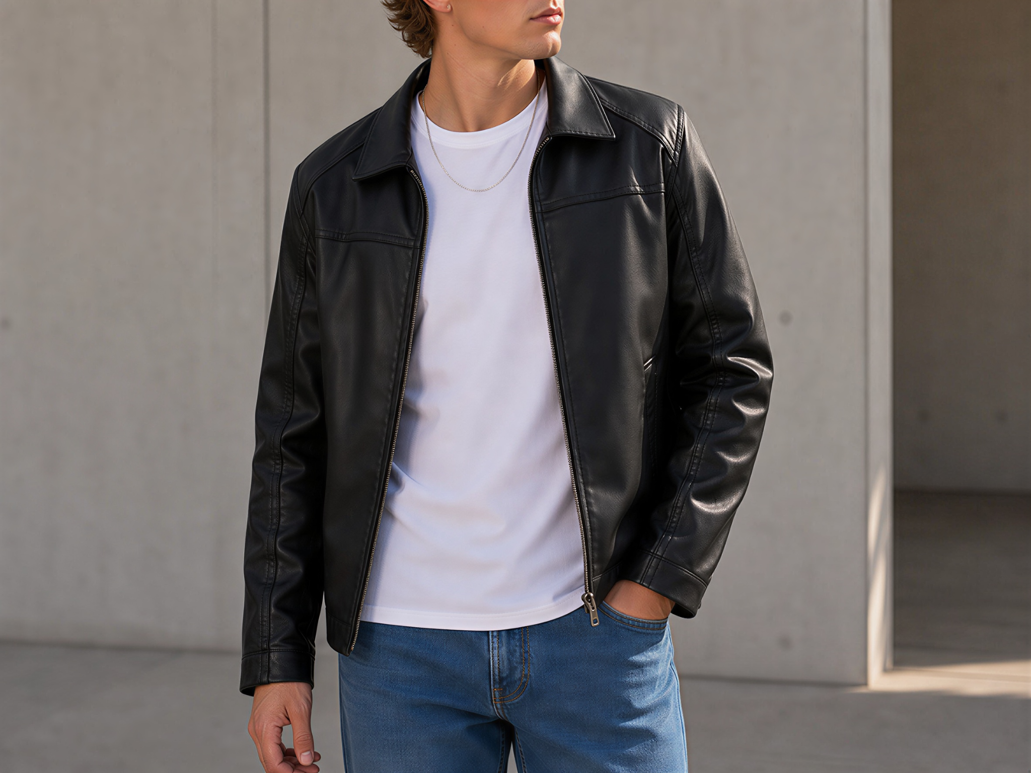 Black vegan leather jacket layered over white t-shirt with denim jeans in an urban street setting