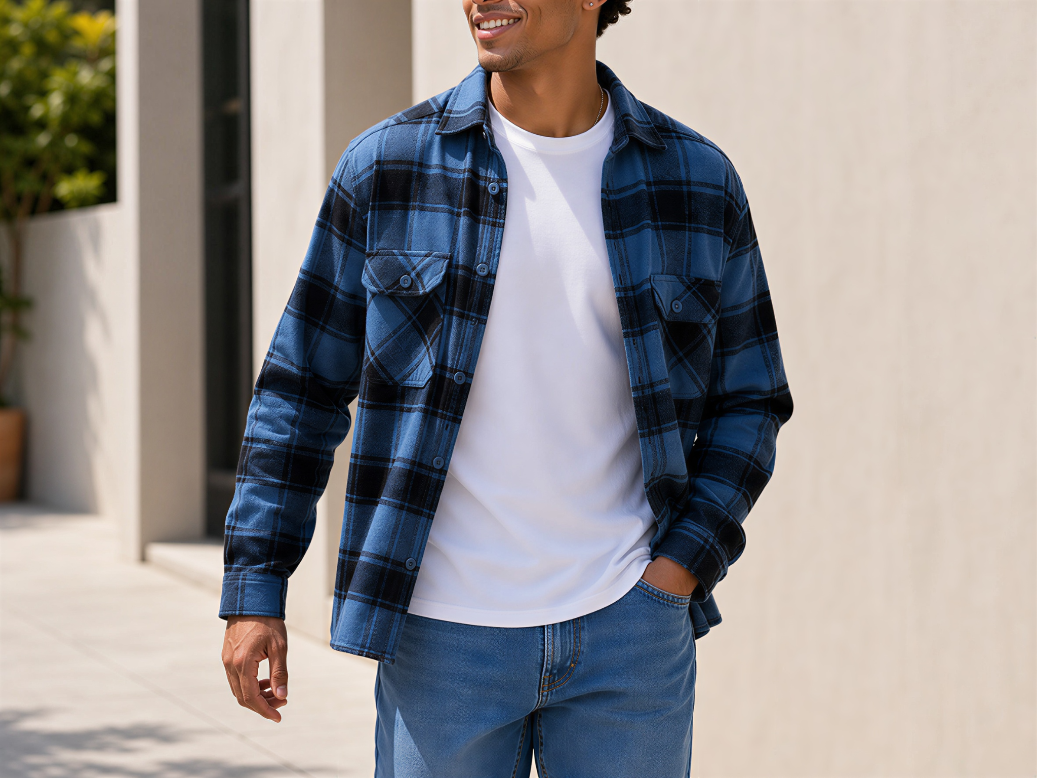 Blue plaid flannel shirt layered over white t-shirt with denim jeans in an urban street setting