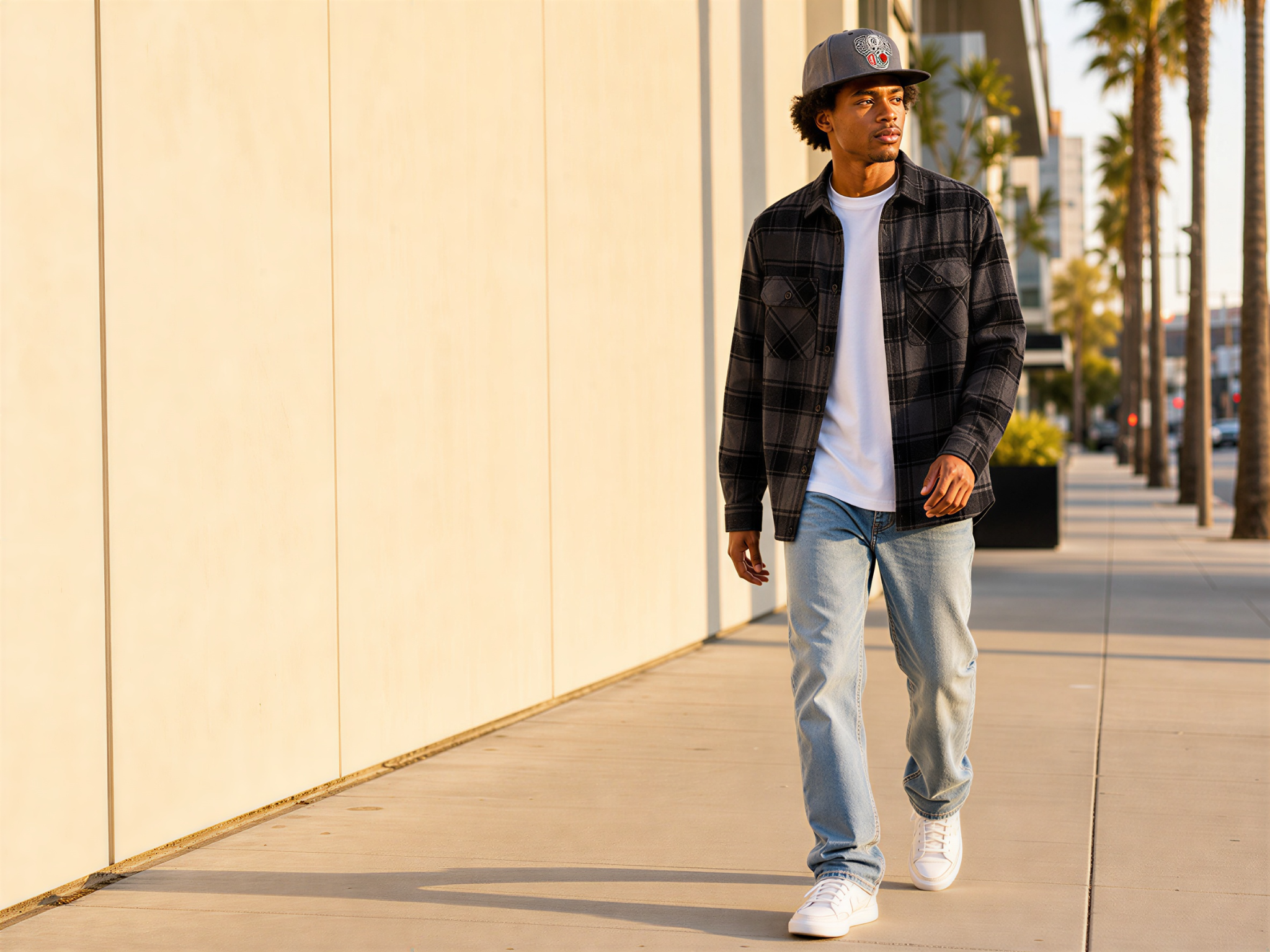 Complete outfit with flannel shirt over white t-shirt, denim jeans, white sneakers, and snapback cap in an urban street setting