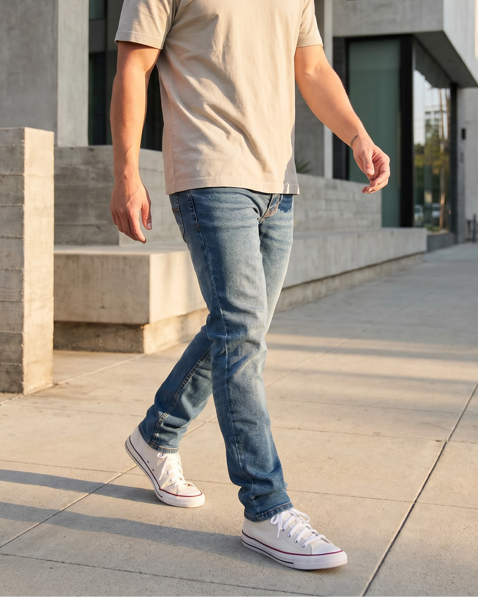 Light wash denim jeans styled with neutral t-shirt and white sneakers in an urban street setting