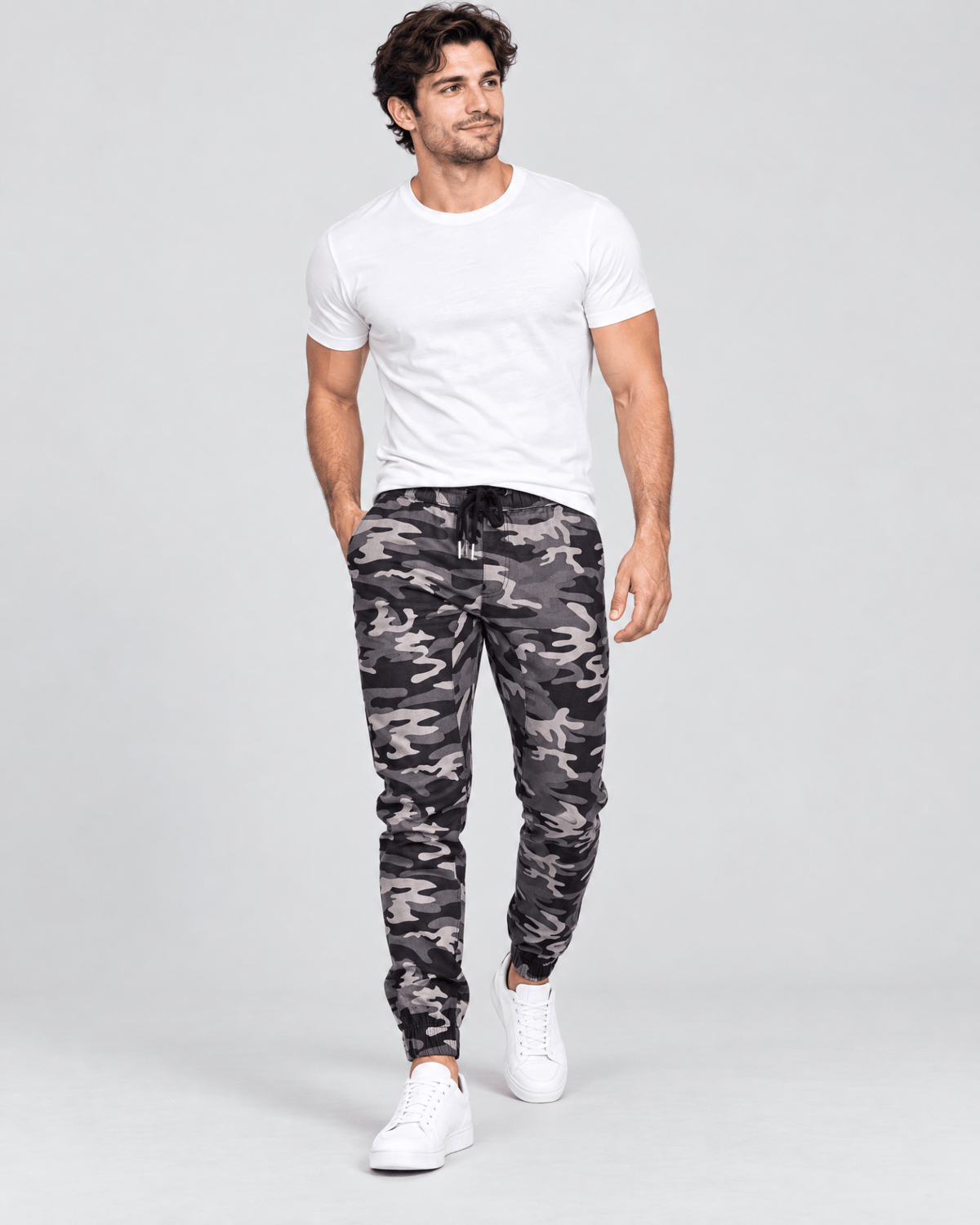 Clayton Stretch Twill Jogger Stretch Fabric Demonstration in Camo Grey