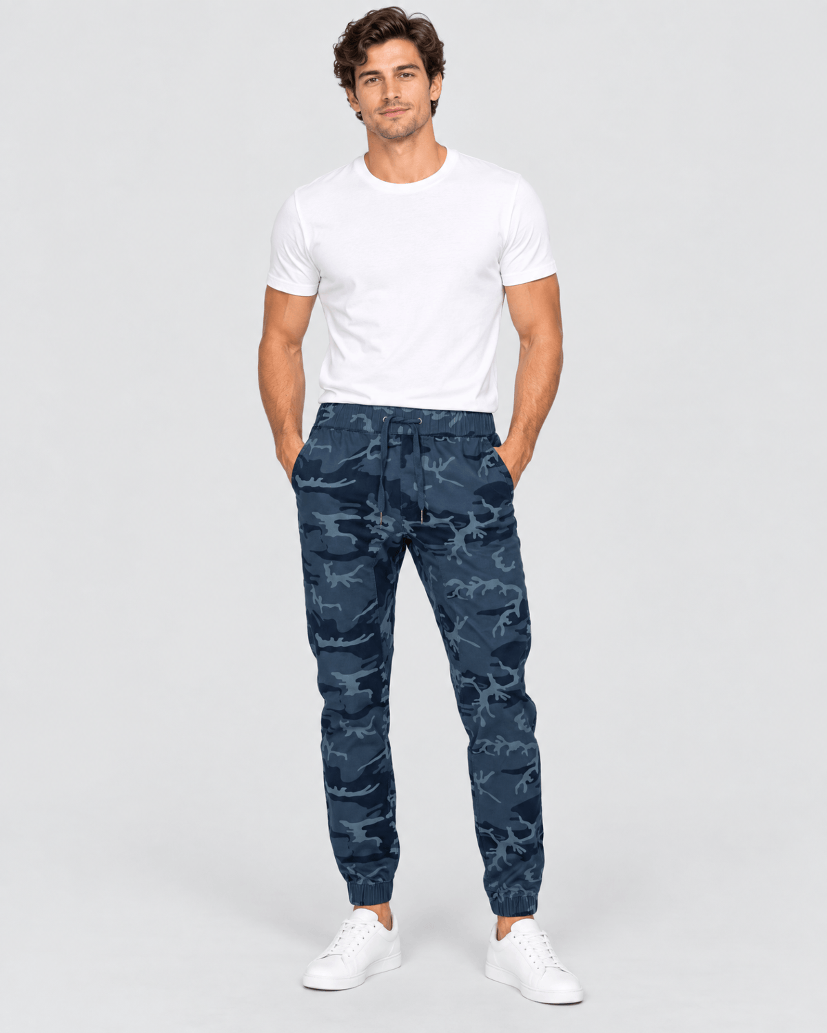 Clayton Stretch Twill Jogger in Navy Camo Front Fit View