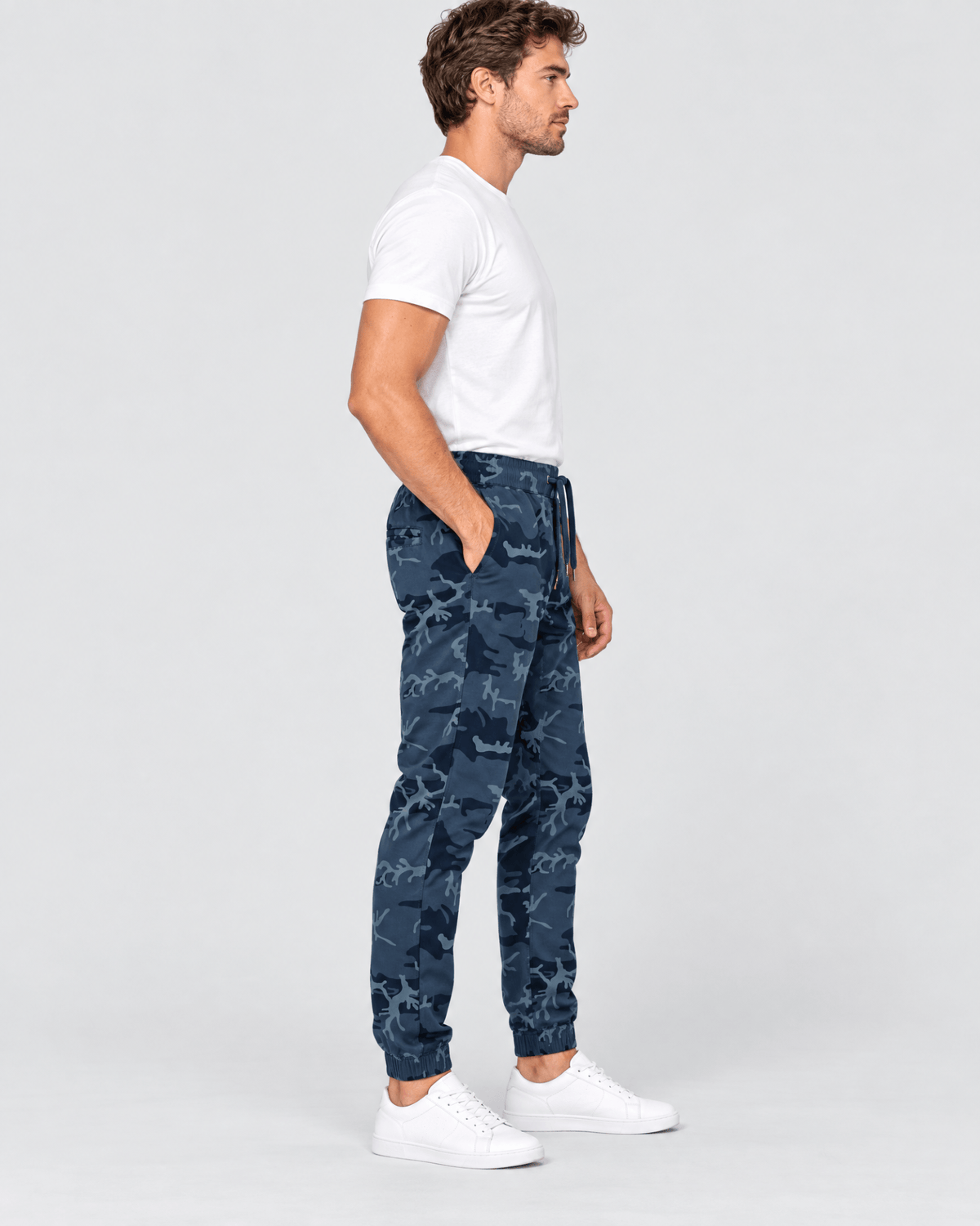 Clayton Stretch Twill Jogger in Navy Camo Side Profile Fit View