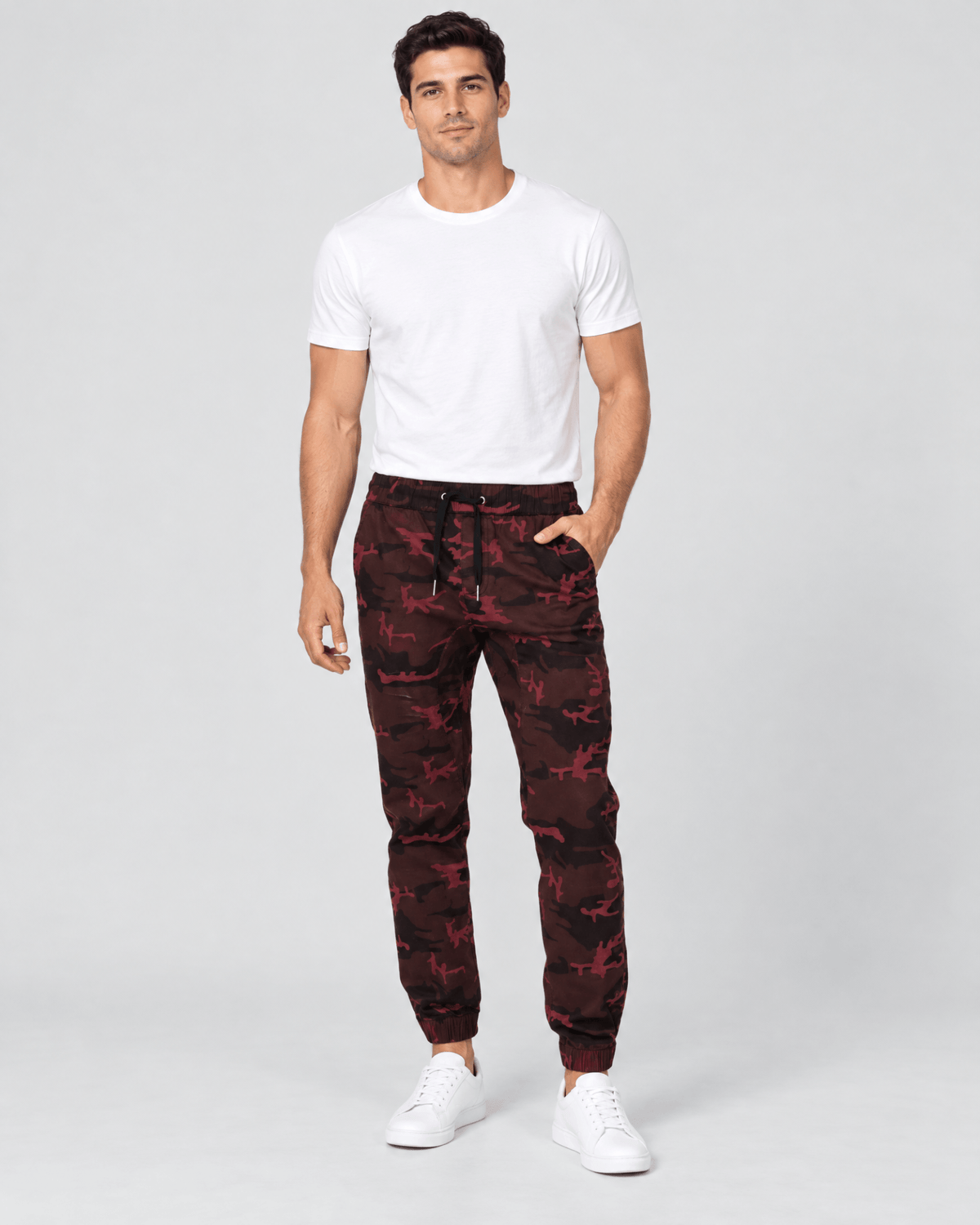 Clayton Stretch Twill Jogger in Oxblood Camo Front Fit View