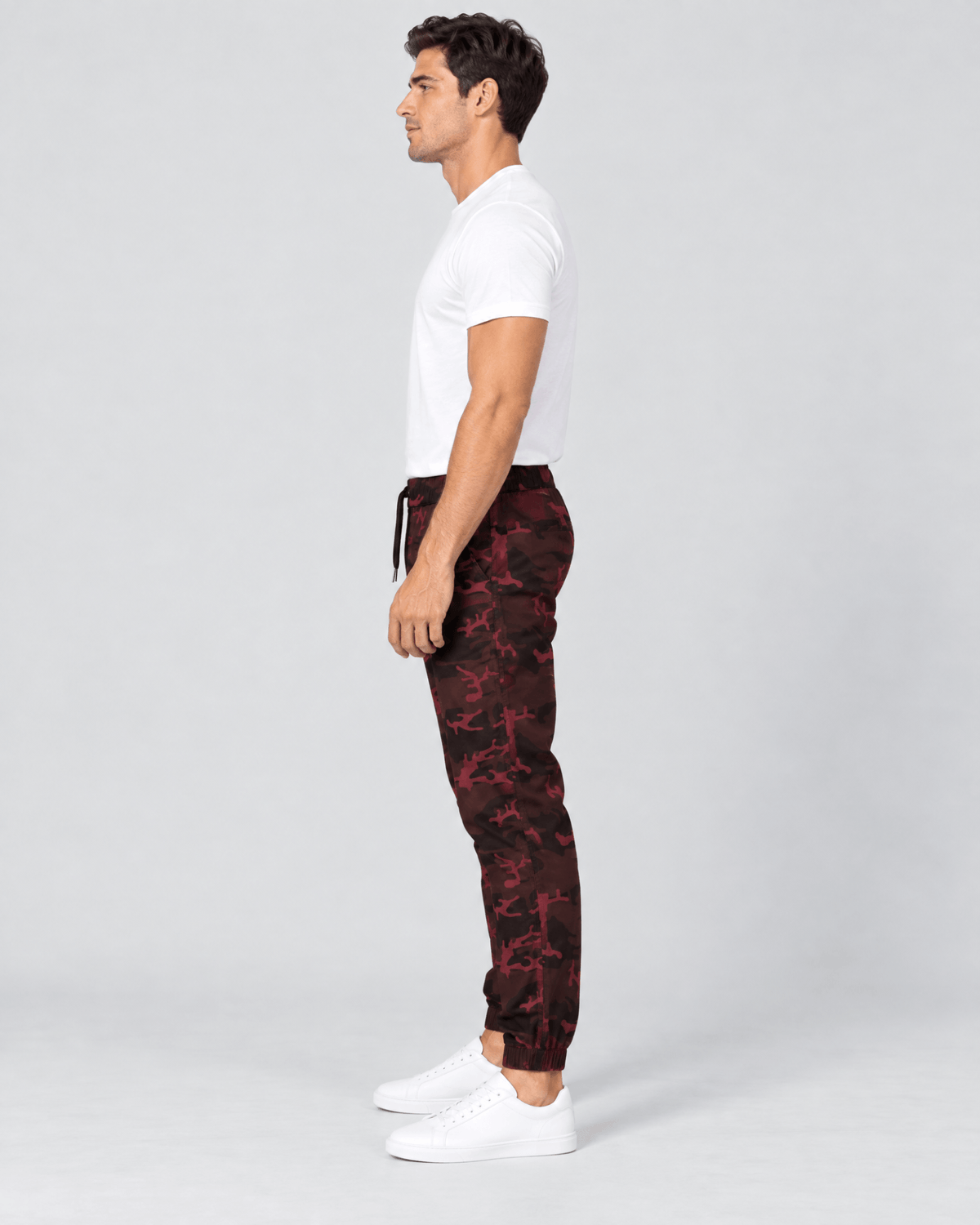 Clayton Stretch Twill Jogger in Oxblood Camo Side Profile Fit View