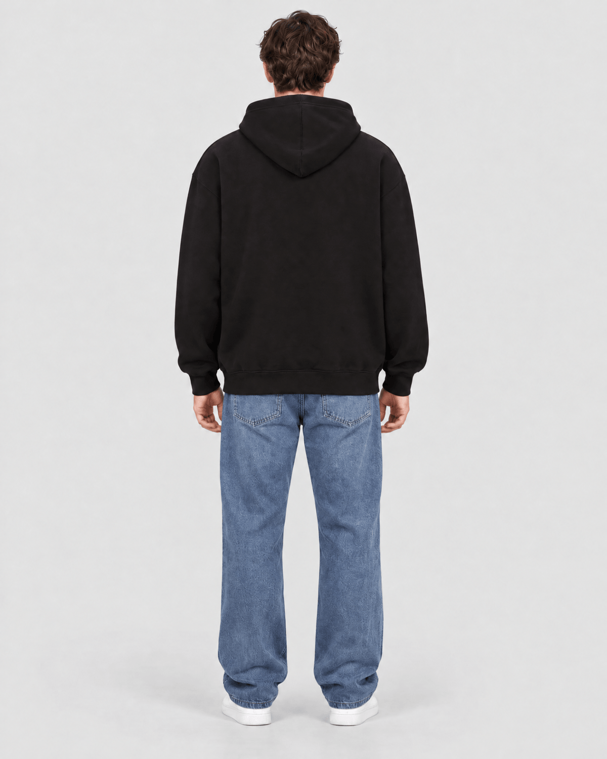 Men's Black Heavyweight Pullover Hoodie full back view showing rear silhouette and hood shape