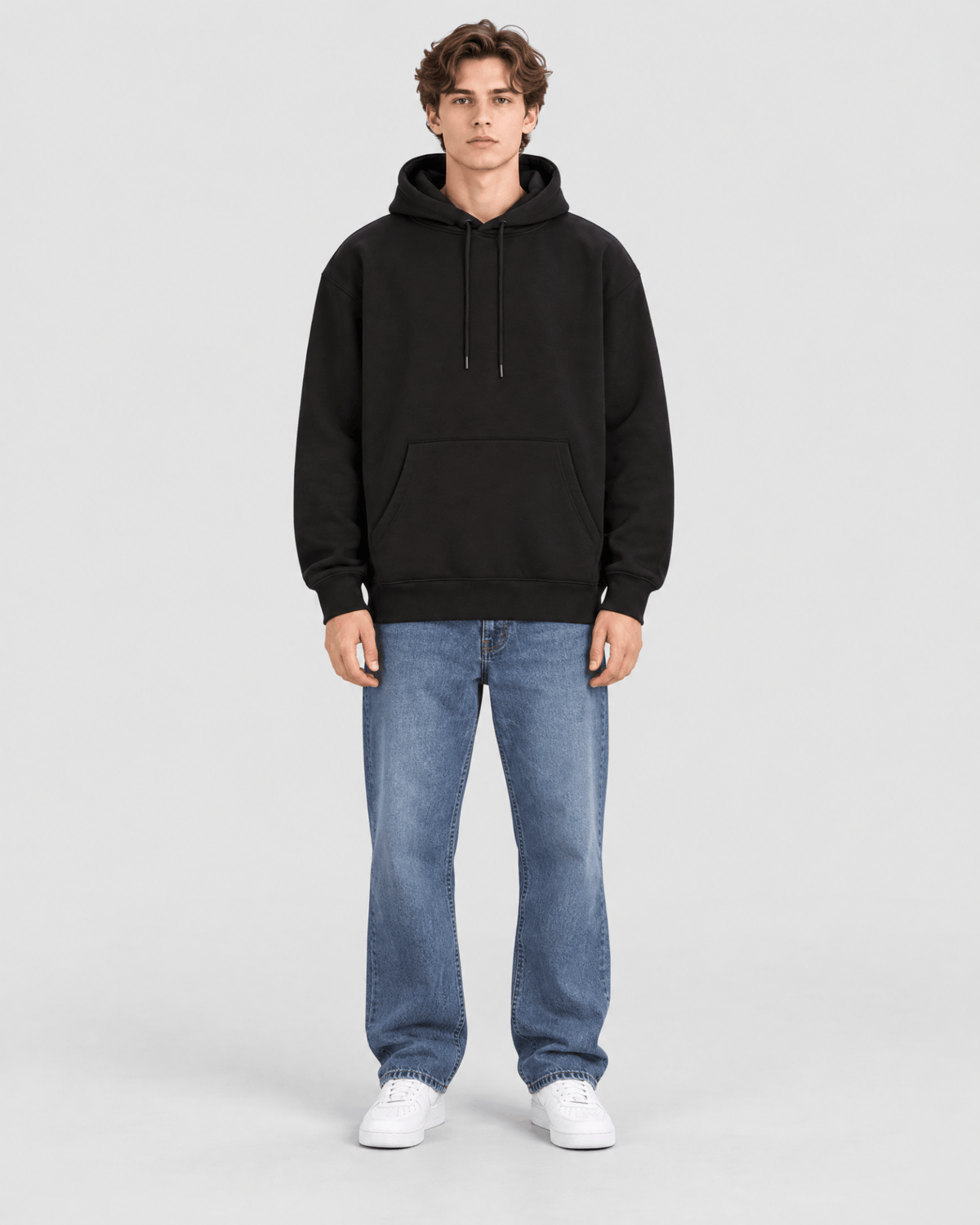 Men's Black Heavyweight Pullover Hoodie full front view showing overall fit and silhouette