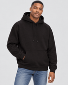 Men's Black Heavyweight Pullover Hoodie front 3/4 view with kangaroo pocket and premium fleece construction