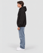 Men's Black Heavyweight Pullover Hoodie side profile view showing hood projection and body shape