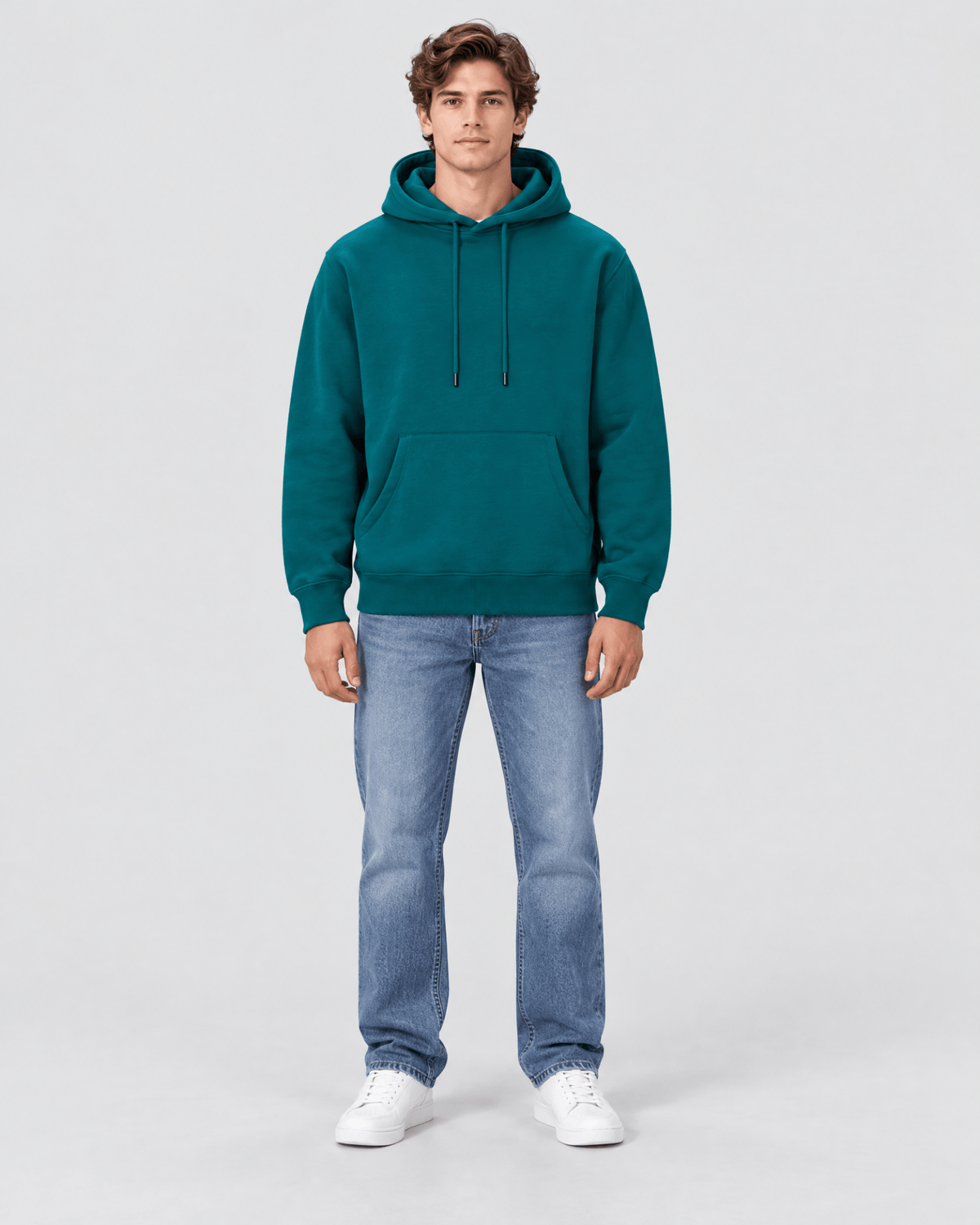 Men's Deep Teal Heavyweight Pullover Hoodie full front view showing overall fit and silhouette