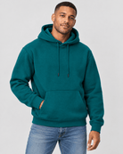 Men's Deep Teal Heavyweight Pullover Hoodie front 3/4 view with kangaroo pocket and premium heavyweight construction