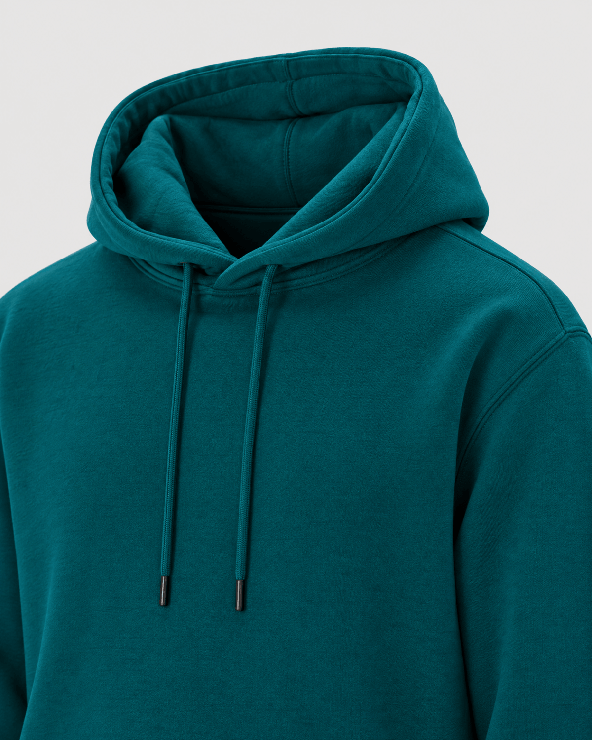 Deep Teal Heavyweight Pullover Hoodie hood construction detail with drawcords and premium fabric texture