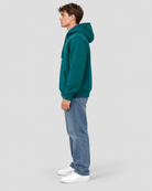 Men's Deep Teal Heavyweight Pullover Hoodie side profile view showing hood projection and overall fit