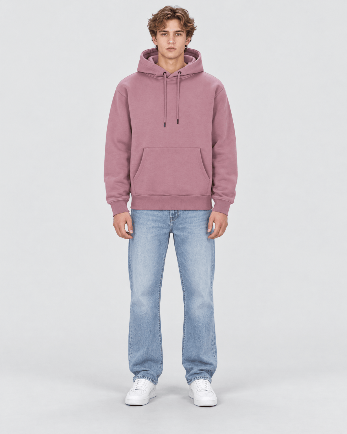 Men's Elderberry Heavyweight Pullover Hoodie full front view showing overall fit and silhouette