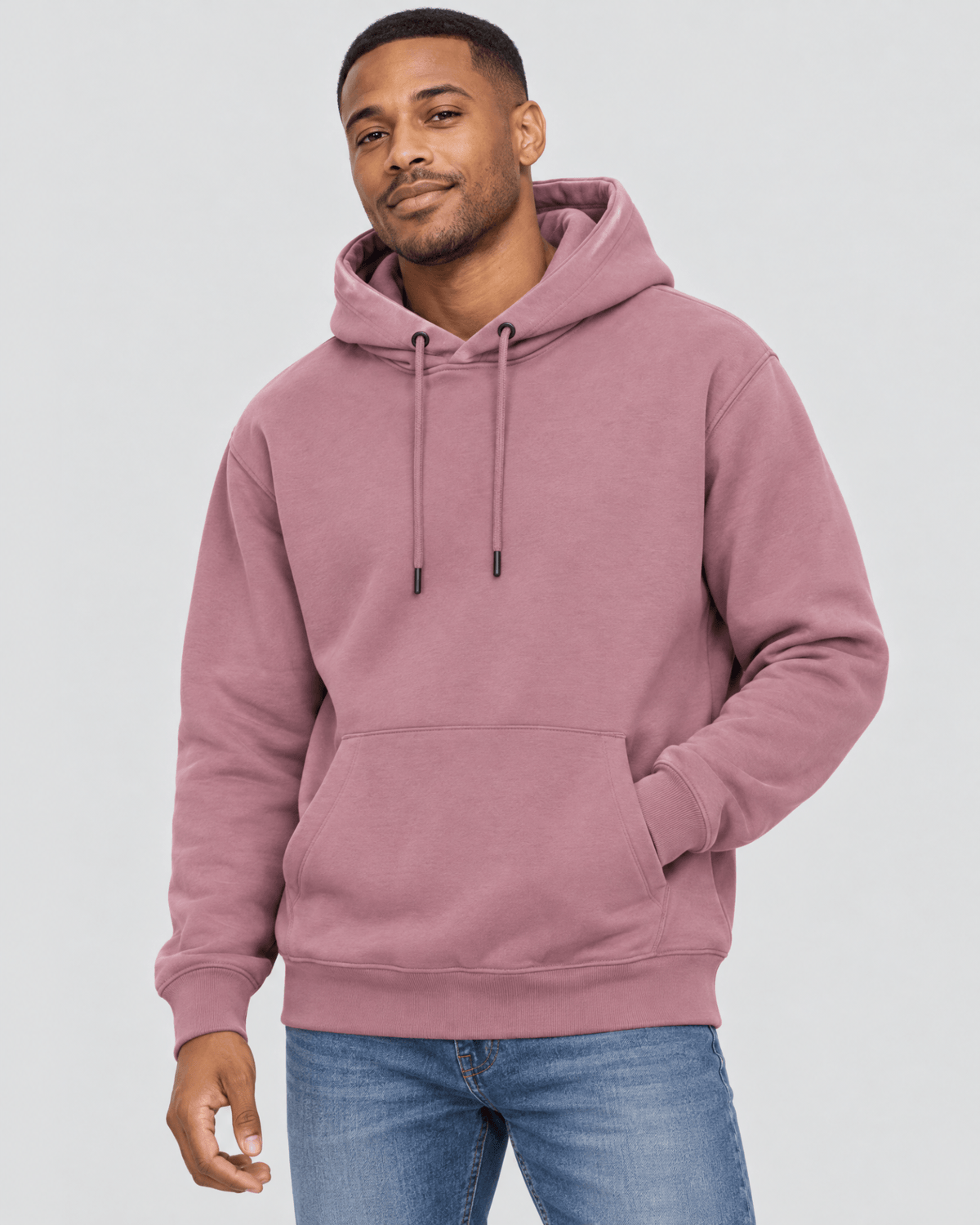 Men's Elderberry Heavyweight Pullover Hoodie front 3/4 view with kangaroo pocket and premium heavyweight construction