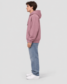 Men's Elderberry Heavyweight Pullover Hoodie side profile view showing hood projection and overall fit