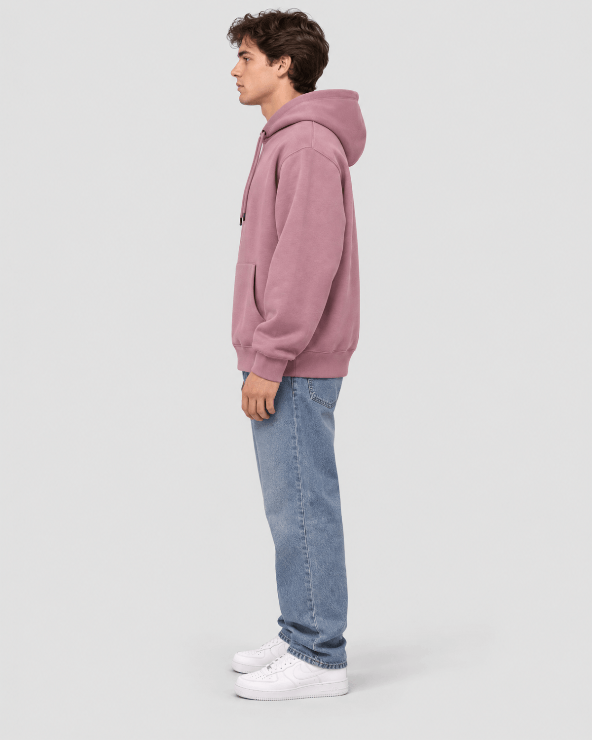 Men's Elderberry Heavyweight Pullover Hoodie side profile view showing hood projection and overall fit