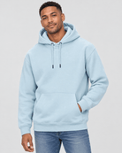 Men's Forget Me Not Heavyweight Pullover Hoodie front 3/4 view with kangaroo pocket and premium heavyweight construction