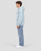 Men's Forget Me Not Heavyweight Pullover Hoodie side profile view showing hood projection and overall fit