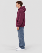 Men's Grape Wine Heavyweight Pullover Hoodie side profile view showing hood projection and overall fit