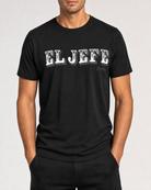 Men's EL JEFE graphic tee in black by Ring of Fire, front view with bold EL JEFE chest print