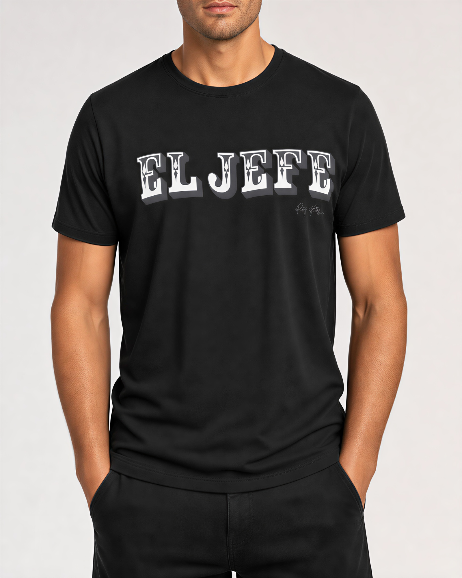Men's EL JEFE graphic tee in black by Ring of Fire, front view with bold EL JEFE chest print