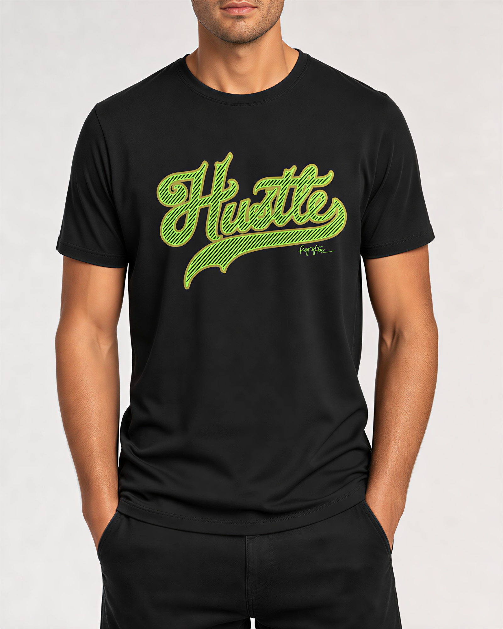 Men's Hustle Superdry graphic tee in black by Ring of Fire, front view with green Hustle script chest print