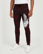 Men's oxblood camo printed knit joggers RYB1170 front view with graphic print on leg