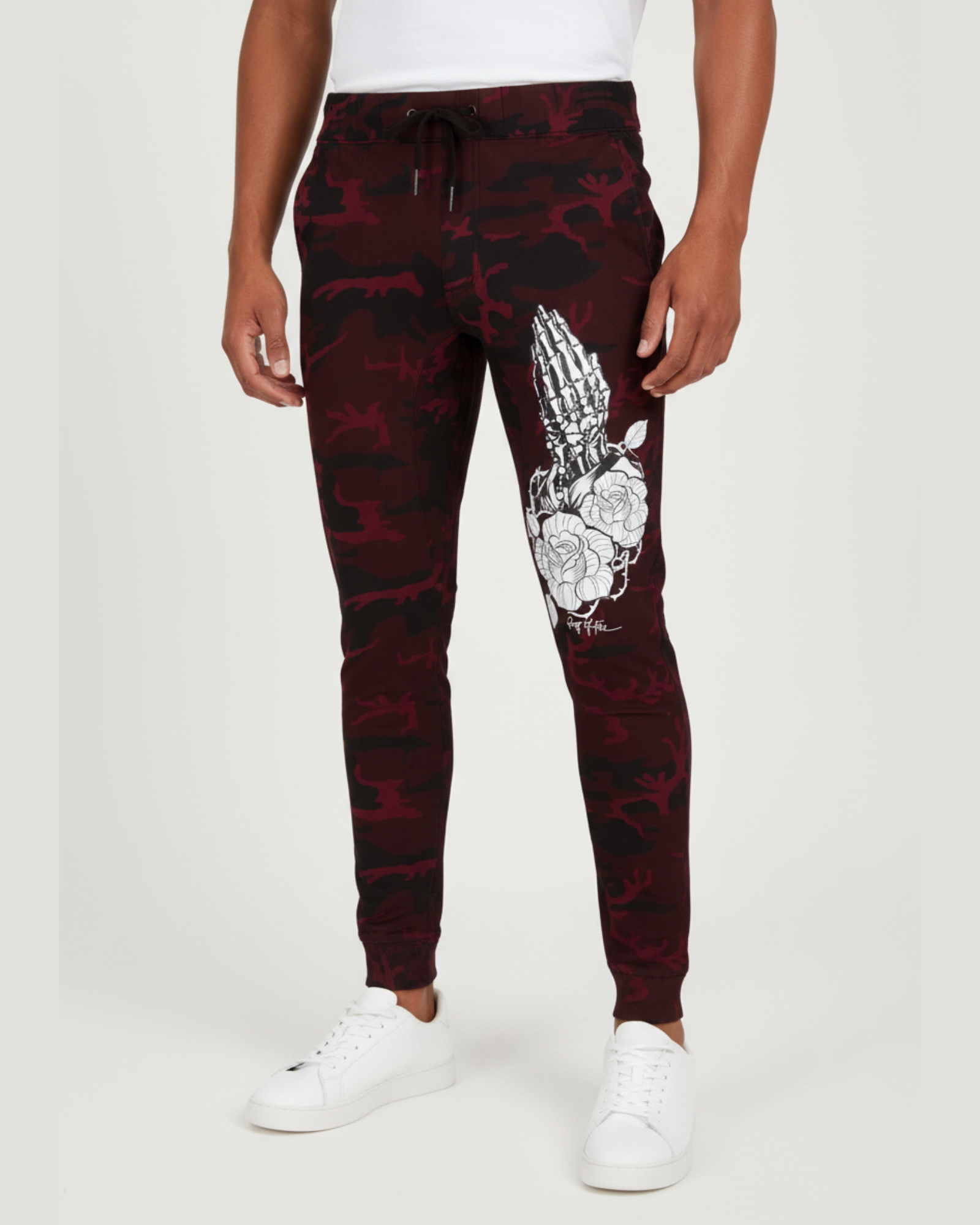Men's oxblood camo printed knit joggers RYB1170 front view with graphic print on leg