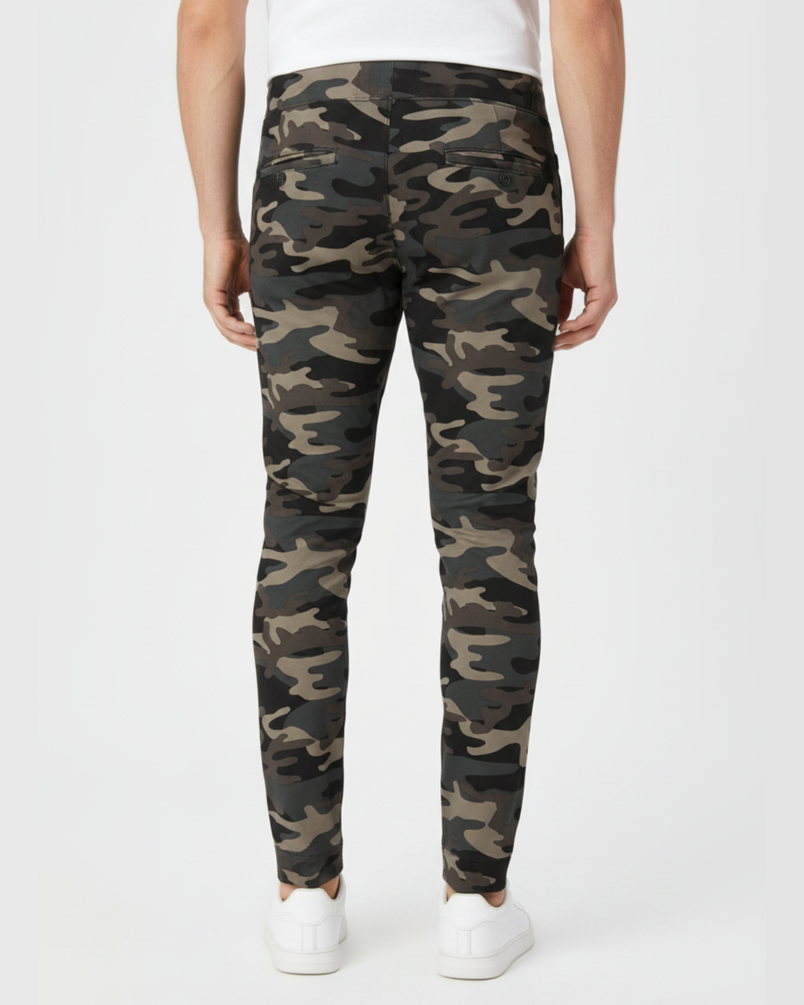 Men's black camo printed knit joggers RYB1171 back view with tapered fit and rear pockets