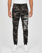 Men's black camo printed knit joggers RYB1171 front view with graphic print on leg