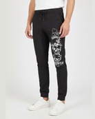 Men's charcoal printed knit joggers RYB1171 front view with graphic print on leg