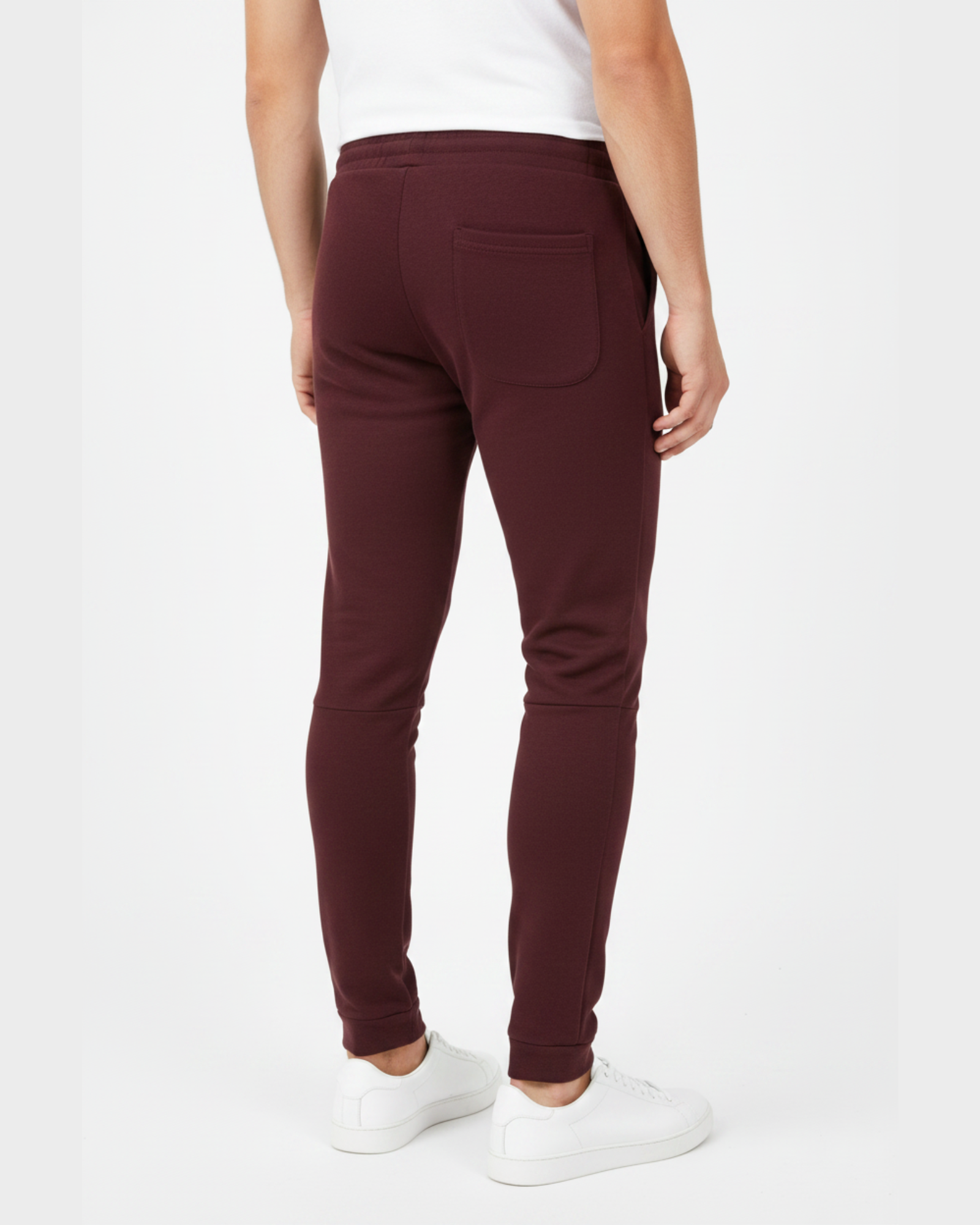 Men's burgundy printed knit joggers RYB1172 back view with tapered fit