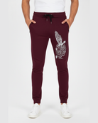 Men's burgundy printed knit joggers RYB1172 front view with graphic detail on leg