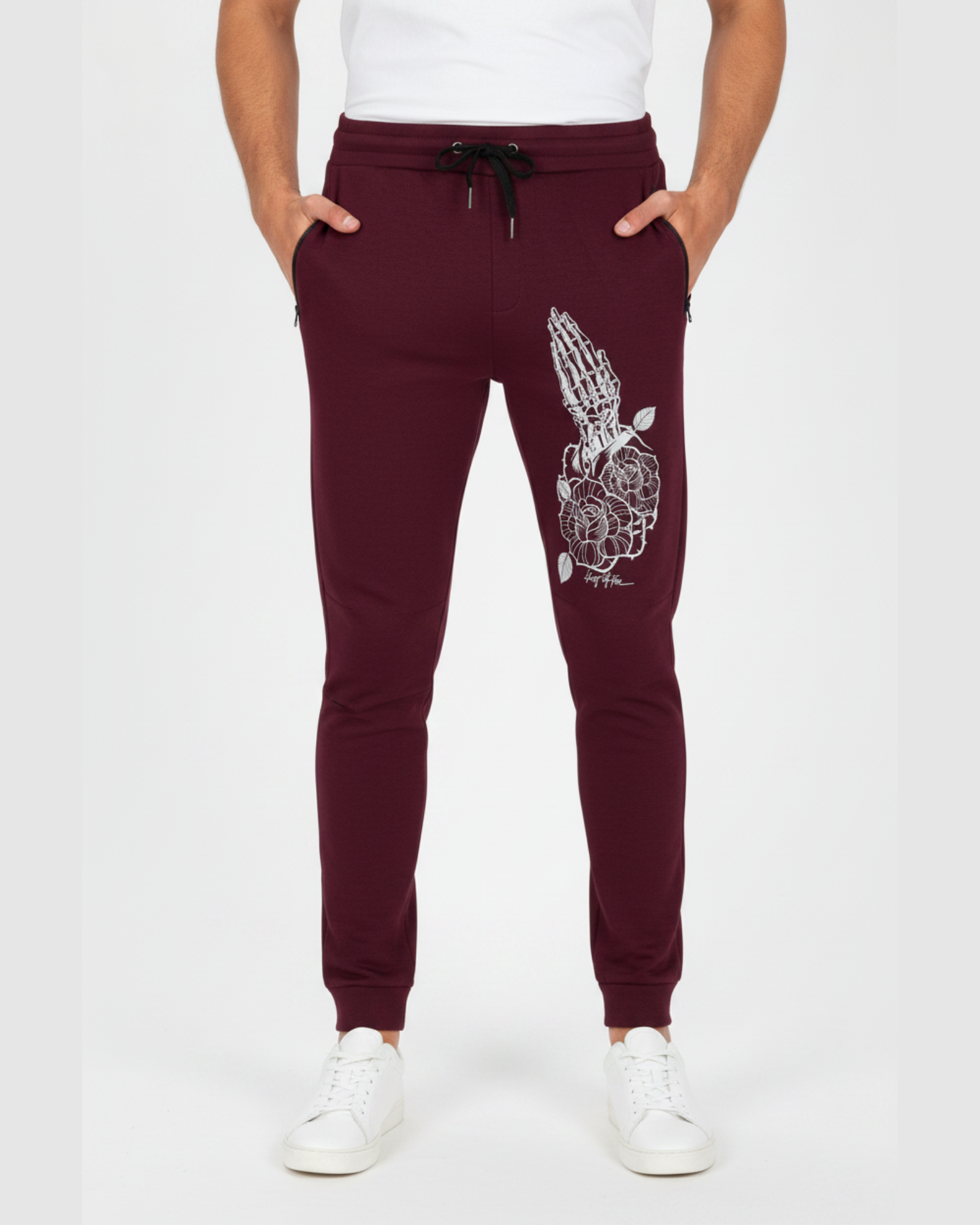 Men's burgundy printed knit joggers RYB1172 front view with graphic detail on leg