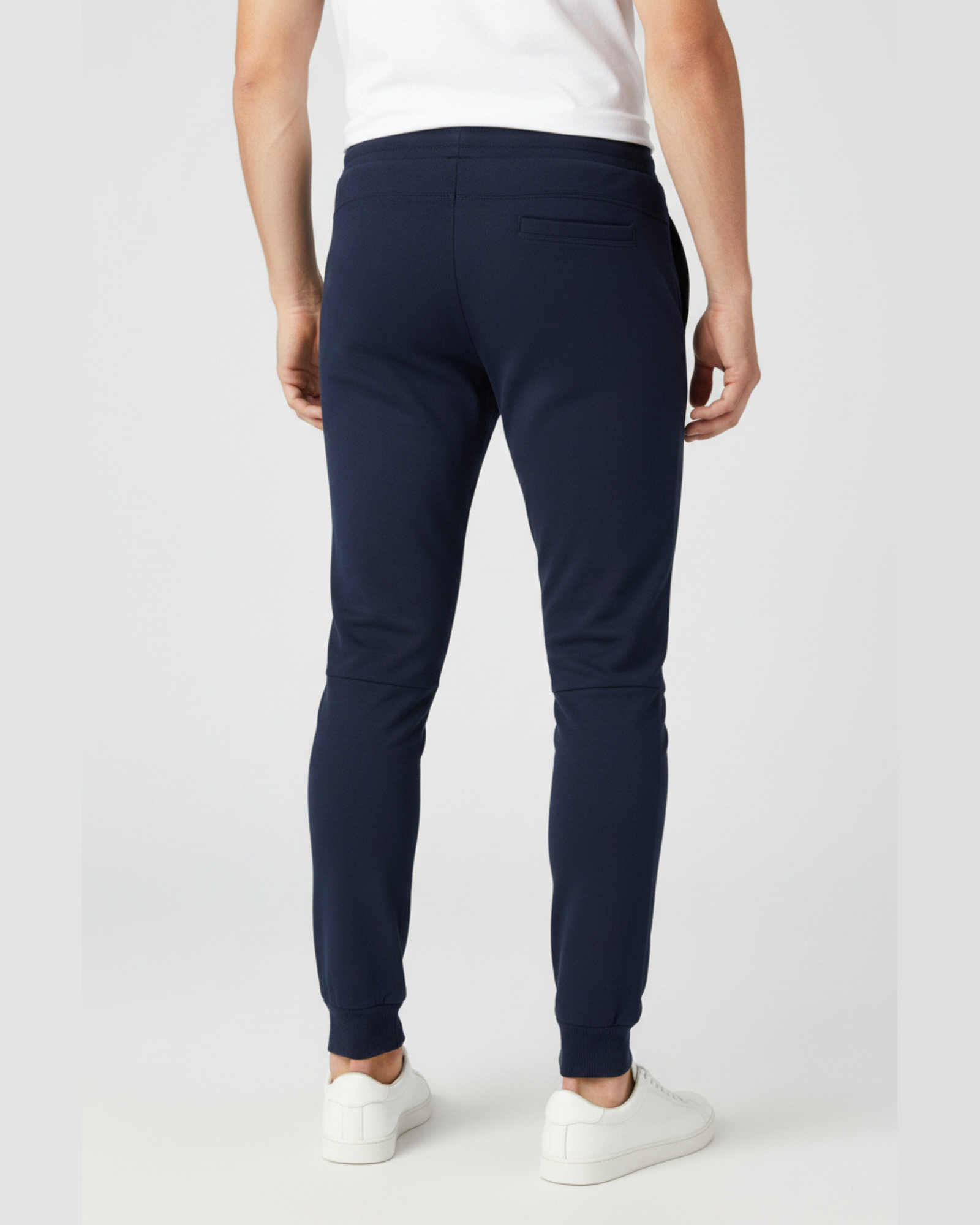 Men's navy printed knit joggers RYB1173 back view with tapered fit and rear pocket