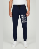 Men's navy printed knit joggers RYB1173 front view with graphic text print on leg