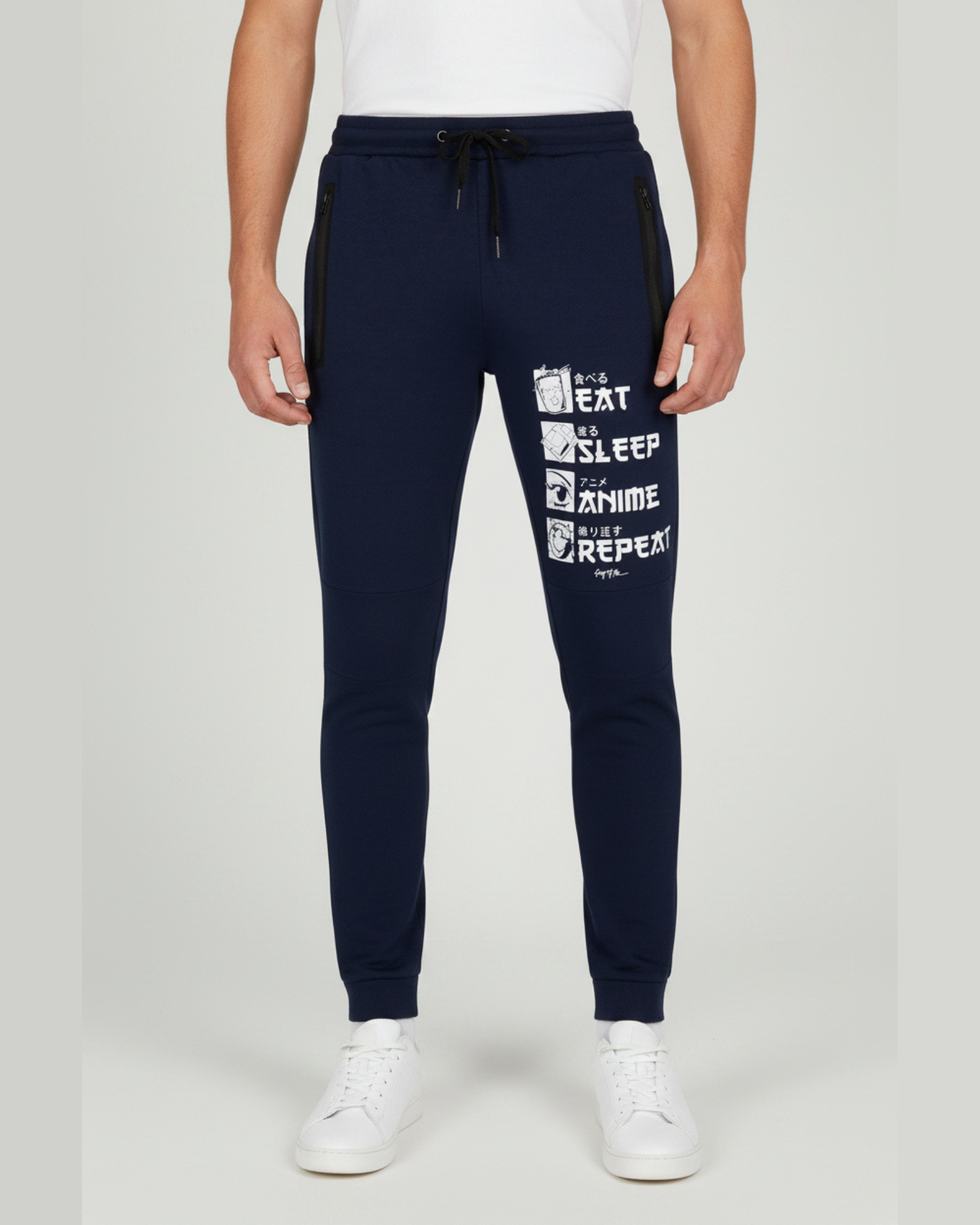 Men's navy printed knit joggers RYB1173 front view with graphic text print on leg