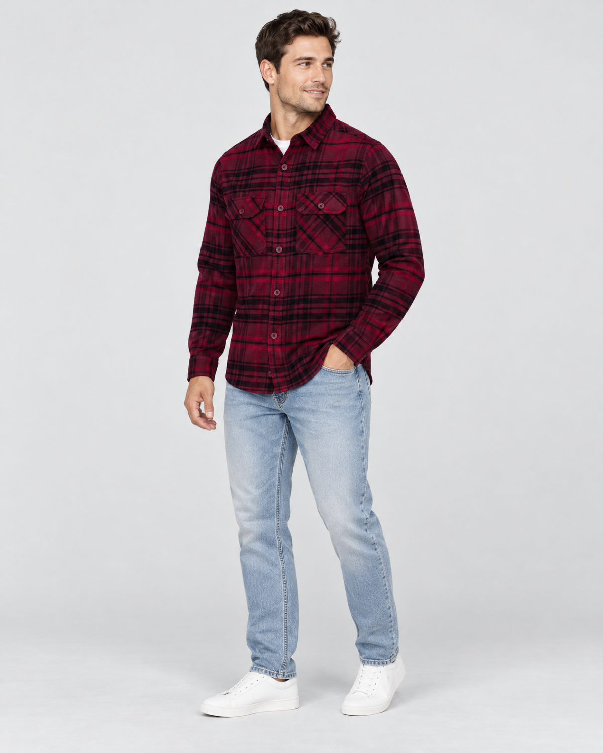 Ring of Fire Woodsy Flannel Shirt Burgundy Mix men's plaid flannel shirt 45 degree angle view