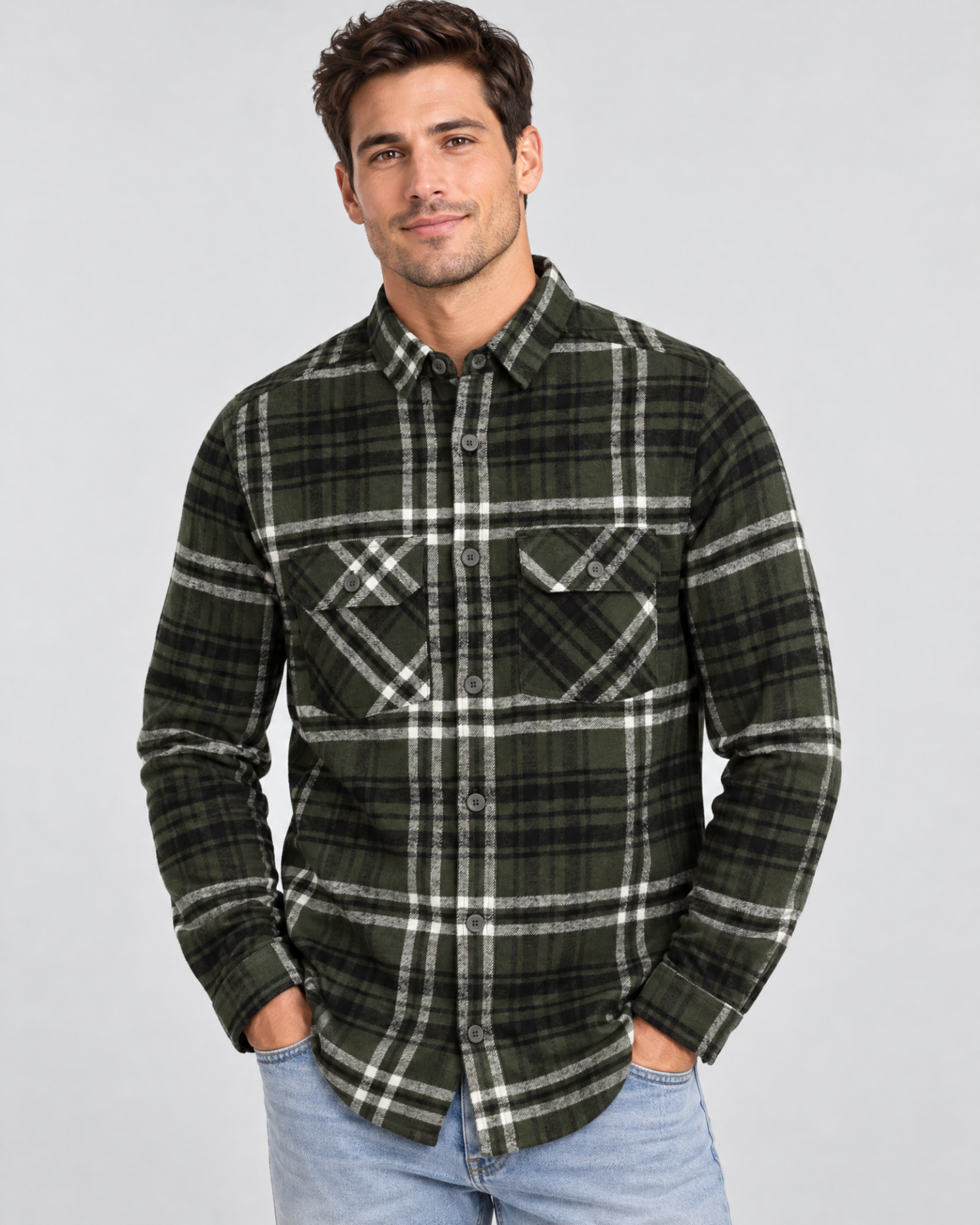 Ring of Fire Woodsy Flannel Shirt Green Mix men's plaid flannel shirt on model hero view