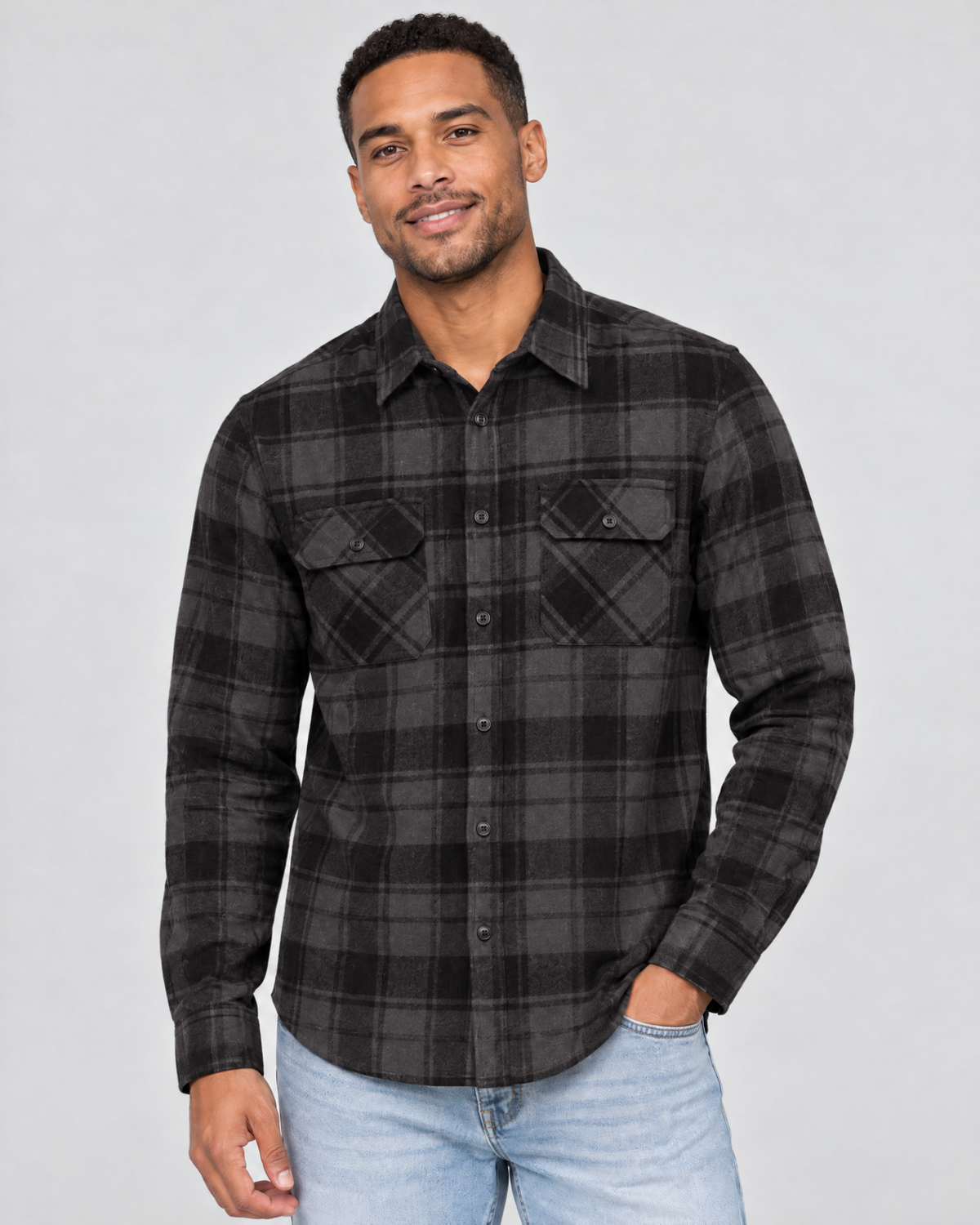 Meadow Flannel Shirt Charcoal Mix front model hero view