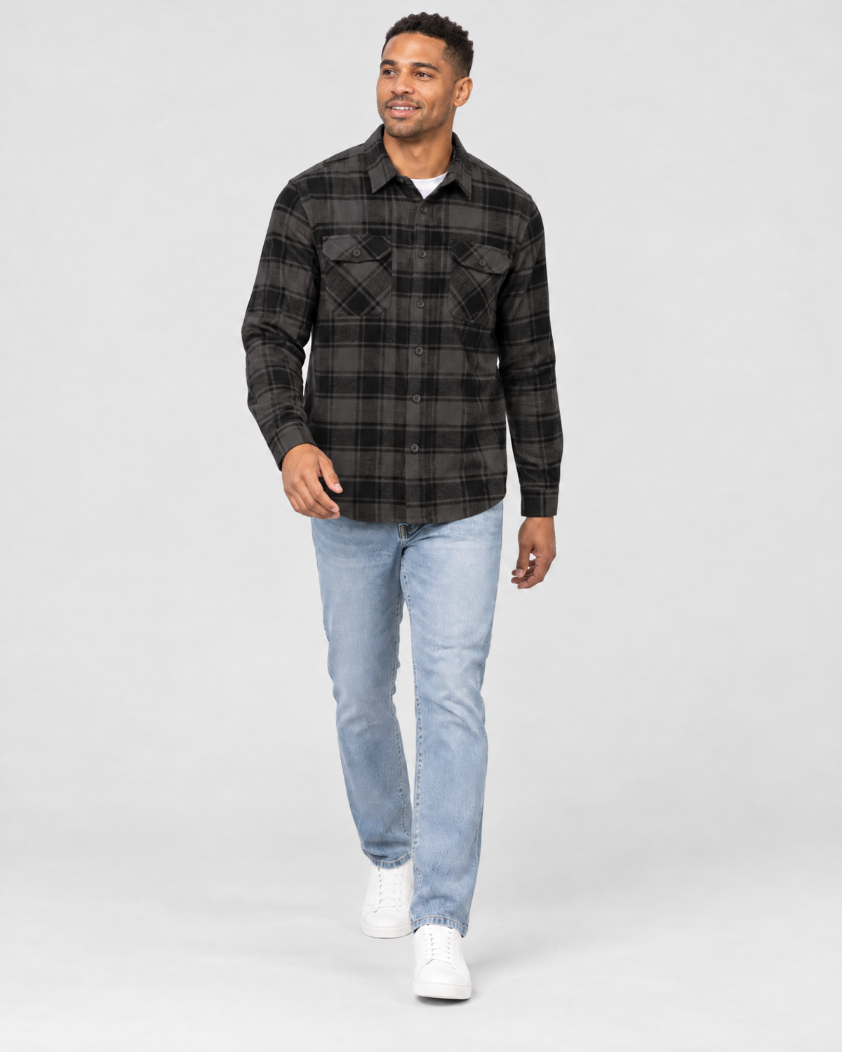 Meadow Flannel Shirt Charcoal Mix walking front view