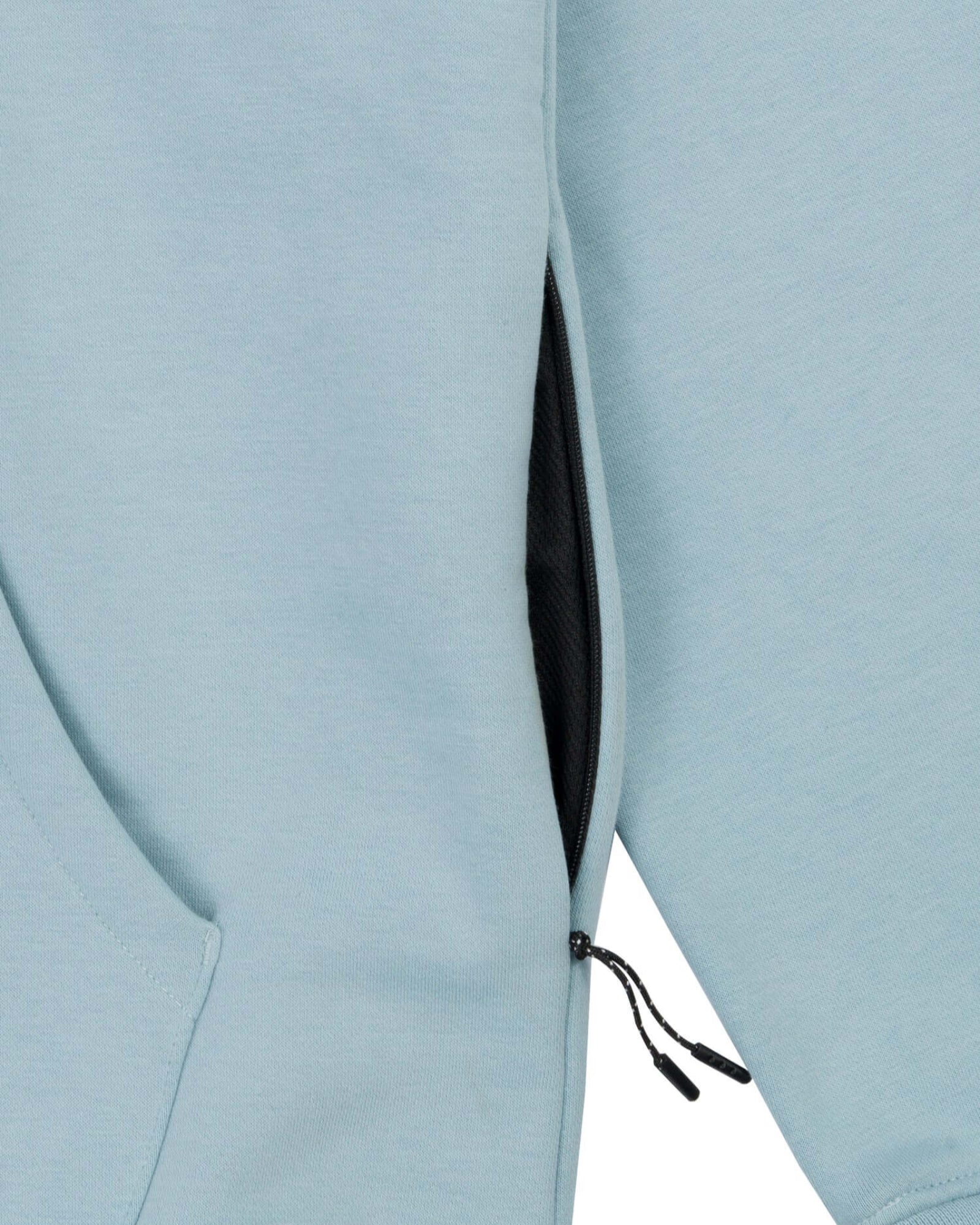 Mens drawstring kangaroo front pocket premium September hoodie in forget me not side seam zipper pocket