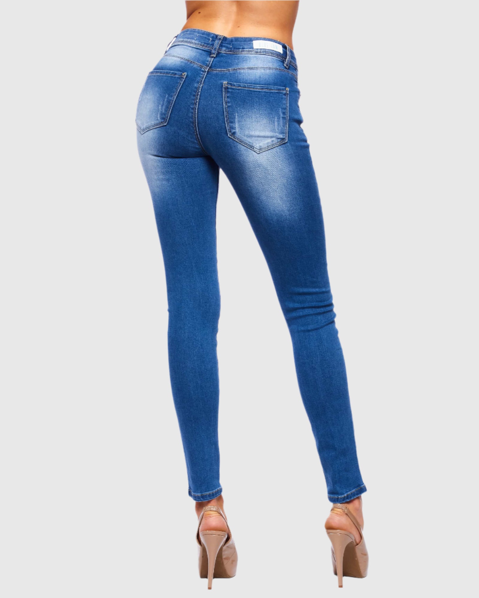 Women Mandy high rise skinny jeans in Azul back pockets 