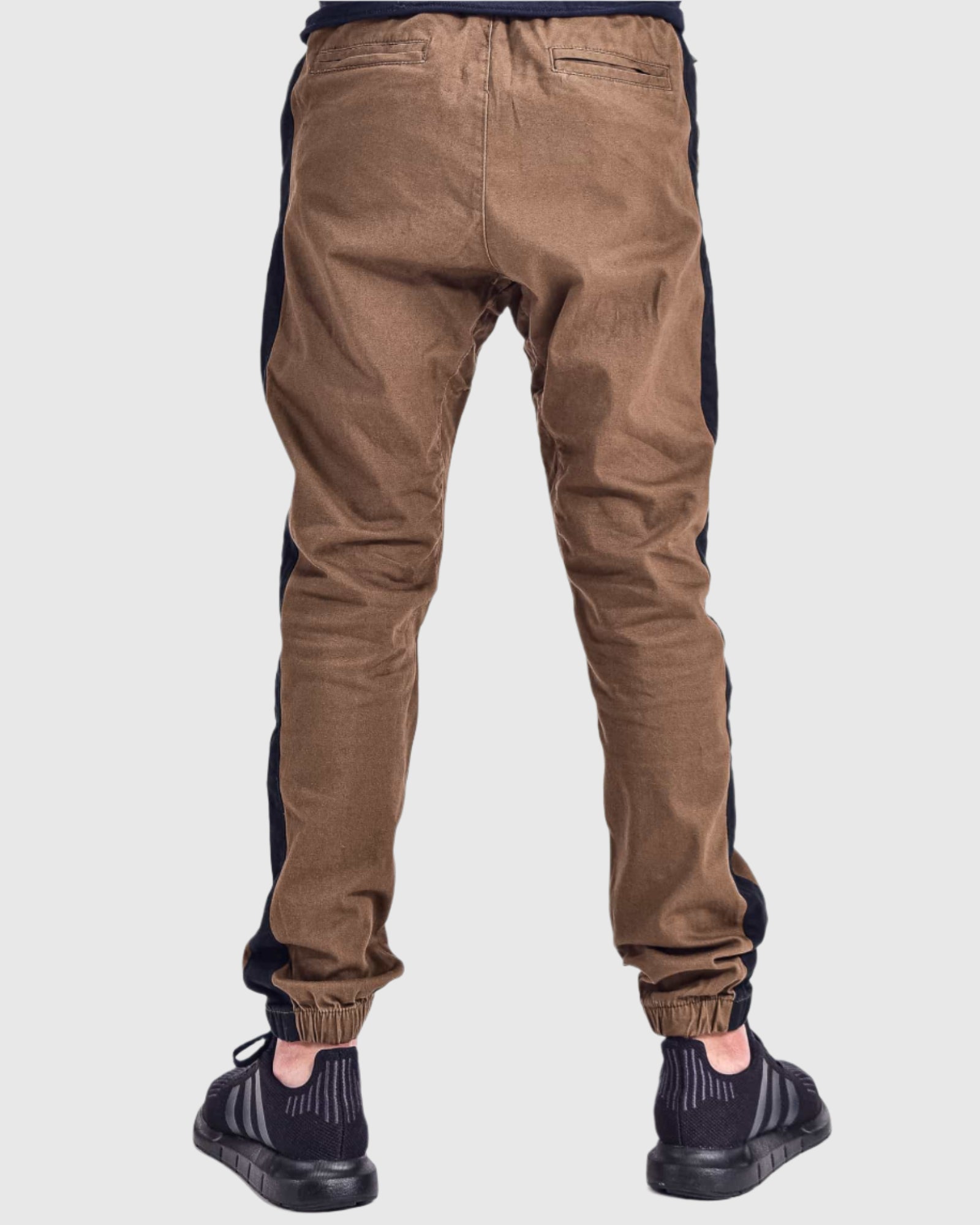 Mens Elan twill joggers in Light Brown back pockets 